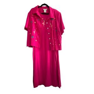 Dressbarn Woman Maxi Linen Blend Dress 22W Hot Pink Embroidered 2 Pc LOT #2611